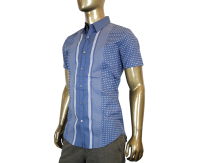 Shop Gucci Men's Skinny Stripes Dots Blue Cotton Short Sleeve Shirt