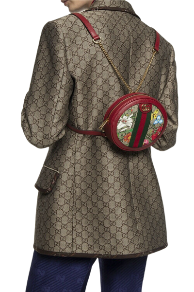 Gucci Ophidia Supreme Gg Canvas Floral Round Backpack With Red Trim In Red