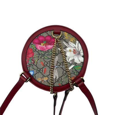 Gucci Ophidia Supreme Gg Canvas Floral Round Backpack With Red Trim In Red