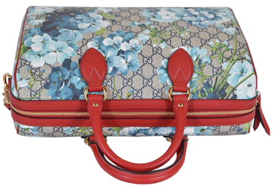 Gucci Blue Gg Blooms Coated Canvas Medium Boston Top Handle Bag In Beige / Blue