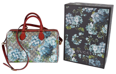 Gucci Blue Gg Blooms Coated Canvas Medium Boston Top Handle Bag In Beige / Blue