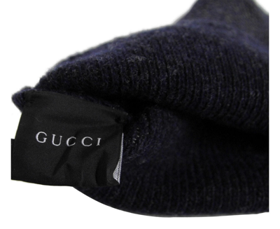 Shop Gucci Unisex Dark Blue Wool Cashmere Cotton Beanie Hat With Logo 352350 4079