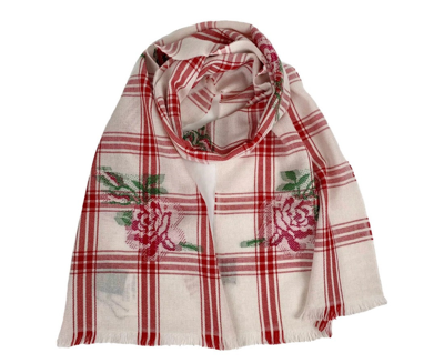 Gucci Unisex Off White Wool Plaid Rose Print Scarf Muffler 481896 9274 In White