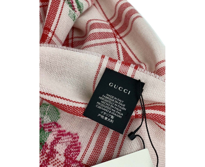 Gucci Unisex Off White Wool Plaid Rose Print Scarf Muffler 481896 9274 In White
