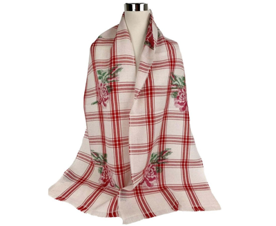 Gucci Unisex Off White Wool Plaid Rose Print Scarf Muffler 481896 9274 In White
