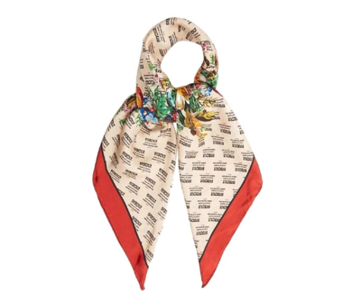 Gucci Women's Beige Monogram Logo Print Red Flower Motif Silk Scarf In Beige / Red