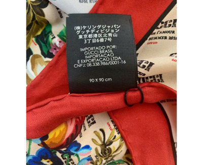 Gucci Women's Beige Monogram Logo Print Red Flower Motif Silk Scarf In Beige / Red