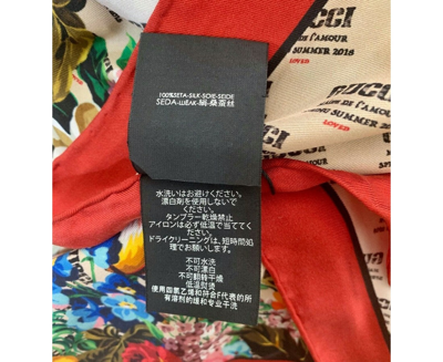 Gucci Women's Beige Monogram Logo Print Red Flower Motif Silk Scarf In Beige / Red