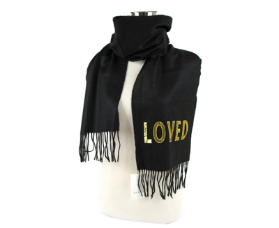 Gucci Women's Black Silk / Cashmere Long Scarf With Yellow Sequin "loved" In Black