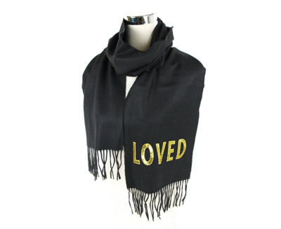 Gucci Women's Black Silk / Cashmere Long Scarf With Yellow Sequin "loved" In Black
