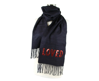 Shop Gucci Women's Black Silk / Cashmere Long Scarf With Red Sequin "loved"