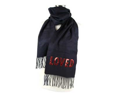 Gucci Women's Black Silk / Cashmere Long Scarf With Red Sequin "loved" In Black