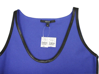 Shop Gucci Women's Blue Cashmere Blend Small Cotton Knit Leather Trim Tank Top