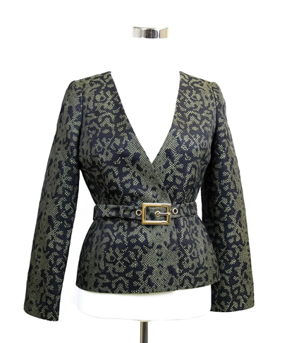 Gucci Womens Green Black Cotton Silk Acrylic Print Belt Runway Blazer Jacket 319227 In Green Black