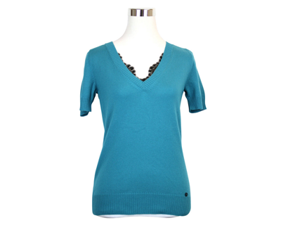 Shop Gucci Women's Top Lace Teal Rayon Cotton Nylon V-neck Sweater Detail In Blue