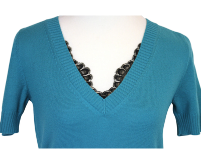 Gucci Womens Top Lace Teal Rayon Cotton Nylon V-neck Sweater Detail 325280 3760 In Blue