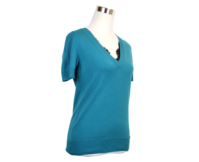 Shop Gucci Women's Top Lace Teal Rayon Cotton Nylon V-neck Sweater Detail In Blue