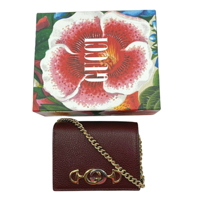 Gucci Zumi Burgundy Leather Gold Chain Bi-fold Mini Wallet 570660 6629 In Dark Red