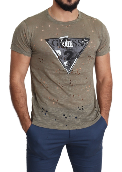 Shop Guess Brown Cotton Stretch Logo Print Men Casual Perforated Men's T-shirt