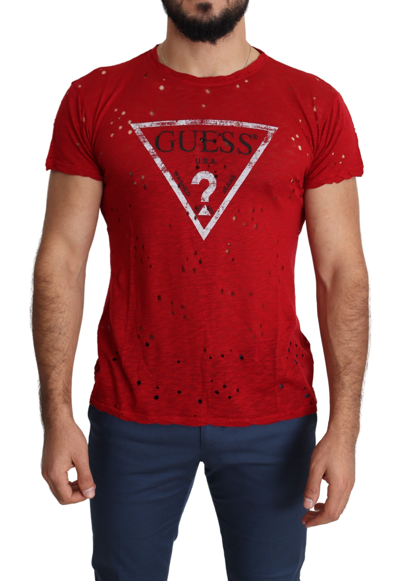 Shop Guess Red Cotton Logo Print Men Casual Top Perforated Men's T-shirt