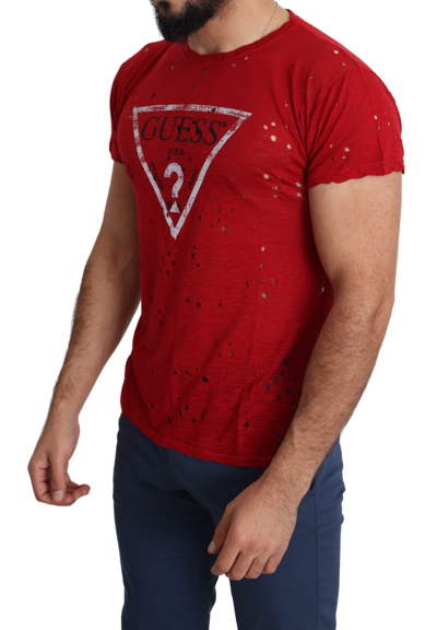 Shop Guess Red Cotton Logo Print Men Casual Top Perforated Men's T-shirt