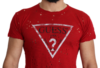 Shop Guess Red Cotton Logo Print Men Casual Top Perforated Men's T-shirt