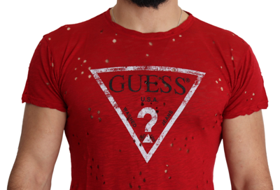 Guess Red Cotton Logo Print Men Casual Top Perforated T-shirt In Red