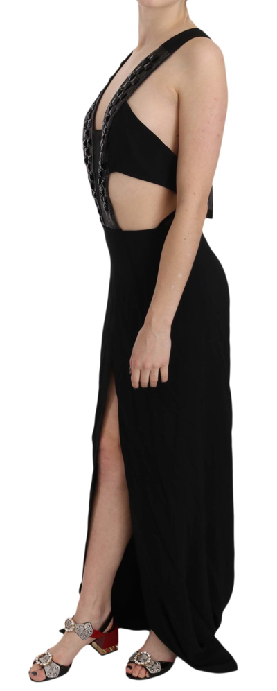 John Richmond Black Crystal Leather Gown Flare Dress In Black