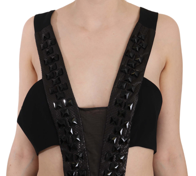 John Richmond Black Crystal Leather Gown Flare Dress In Black