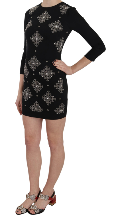 John Richmond Black Crystal Stretch Mini Shift Dress In Black