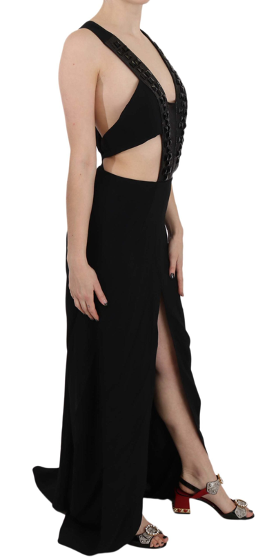 John Richmond Black Crystal Leather Gown Flare Dress In Black
