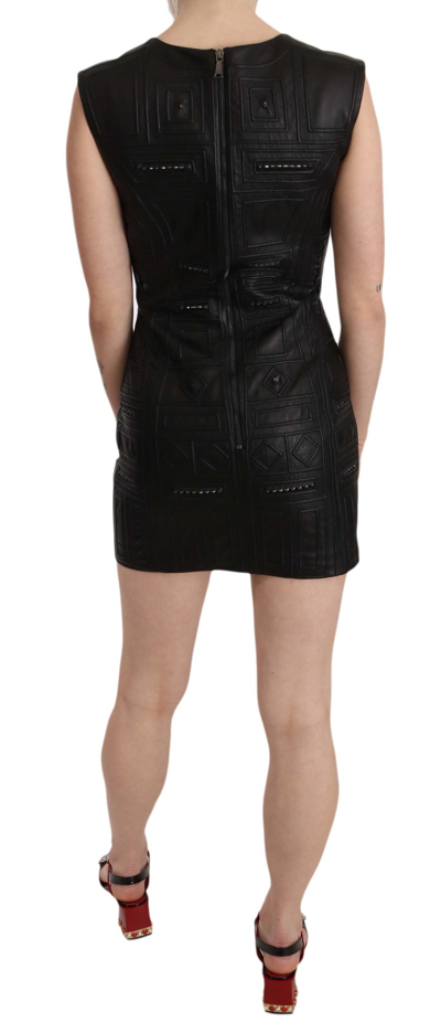 John Richmond Black Leather Studded Mini Shift Dress In Black