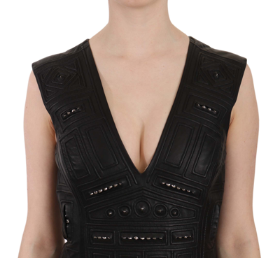 Shop John Richmond Studded Black Leather Mini Sheath Women's Dress