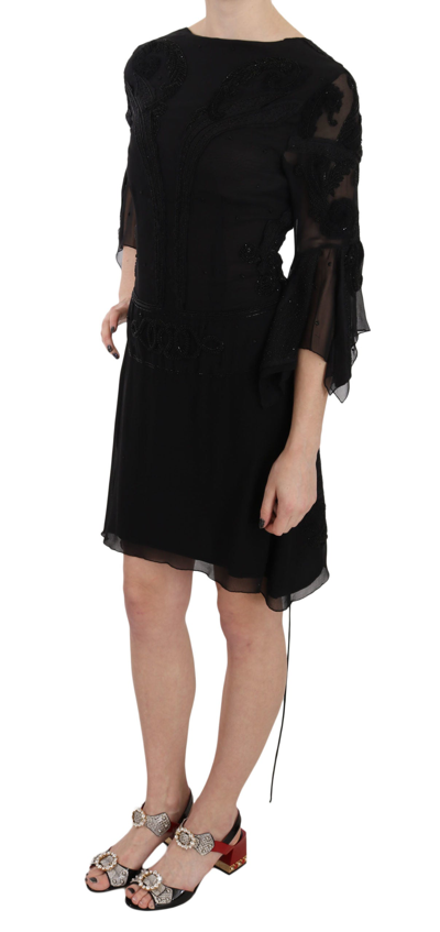 John Richmond Black Sequined Silk Mini Shift Gown In Black