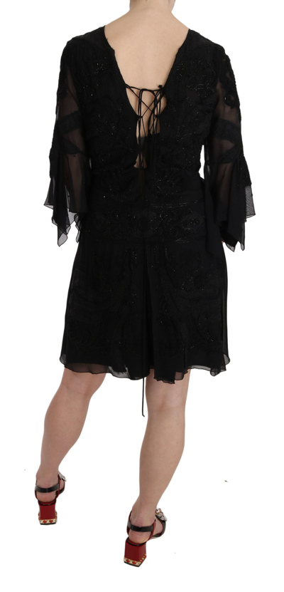 John Richmond Black Sequined Silk Mini Shift Gown In Black