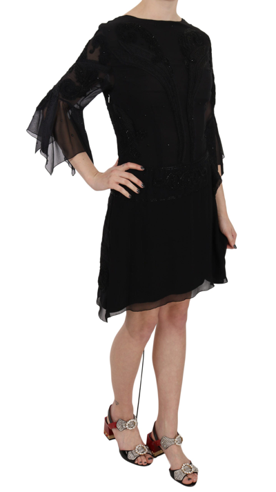 John Richmond Black Sequined Silk Mini Shift Gown In Black