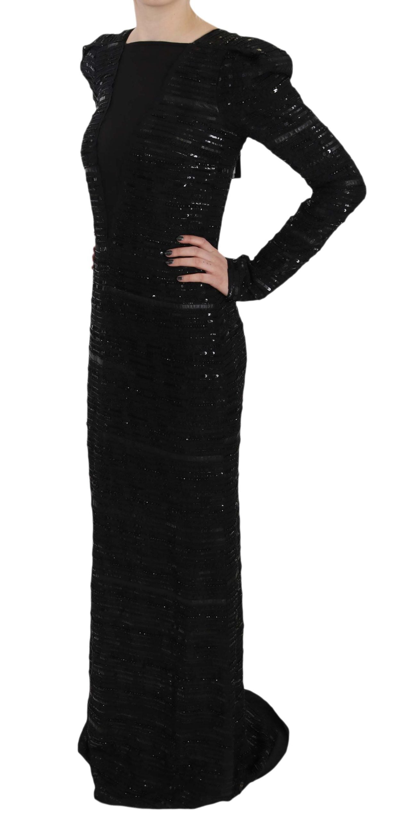 John Richmond Black Silk Full Length Sequined Gown Dress In Black