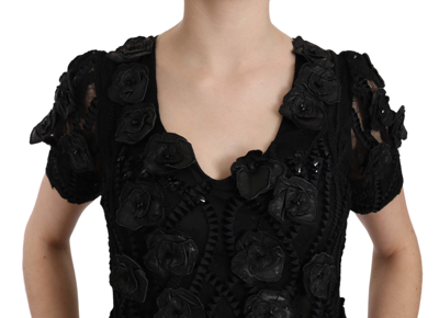John Richmond Silk Leather Flowers Sheath Dress In Black