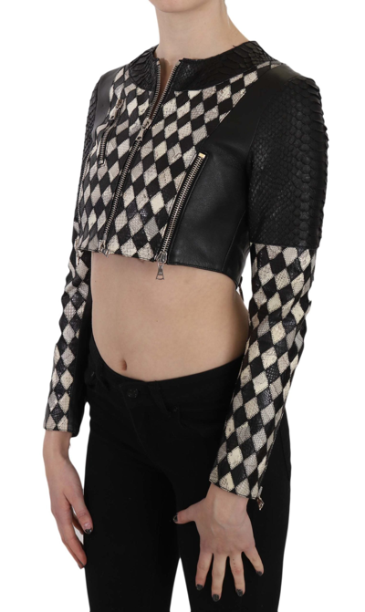 John Richmond Black White Leather Short Cropped Biker Jacket Coat In Black/white