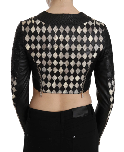 John Richmond Black White Leather Short Cropped Biker Jacket Coat In Black/white