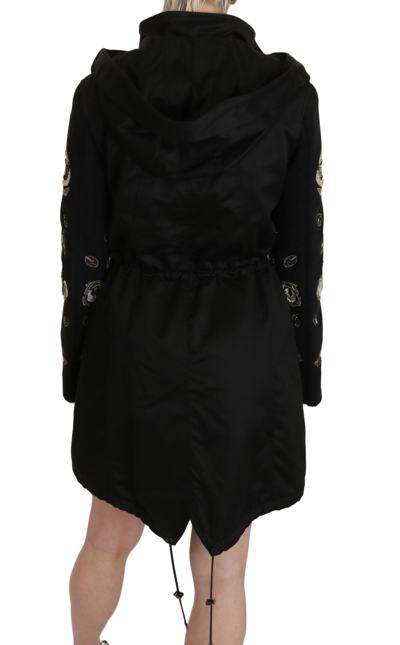 John Richmond Floral Sequined Beaded Hooded Jacket Coat In Black