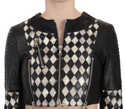 John Richmond Black White Leather Short Cropped Biker Jacket Coat In Black/white