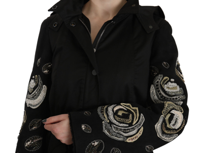 John Richmond Floral Sequined Beaded Hooded Jacket Coat In Black