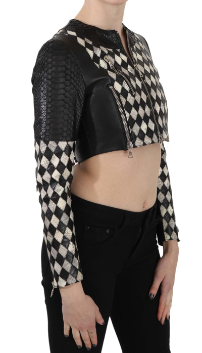 John Richmond Black White Leather Short Cropped Biker Jacket Coat In Black/white