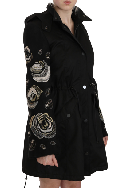 John Richmond Floral Sequined Beaded Hooded Jacket Coat In Black