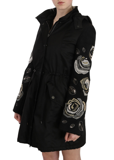 John Richmond Floral Sequined Beaded Hooded Jacket Coat In Black