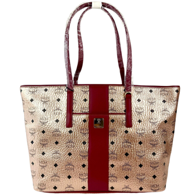 Mcm Champagne Gold Monogram Visetos Canvas Medium Tote Bag In Gold