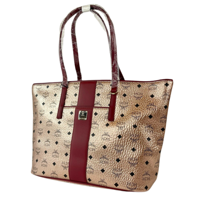 Shop Mcm Champagne Gold Monogram Visetos Canvas Medium Tote Bag