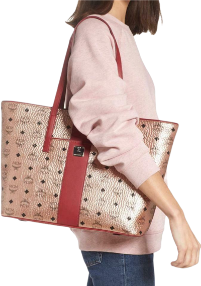 Mcm Champagne Gold Monogram Visetos Canvas Medium Tote Bag In Gold