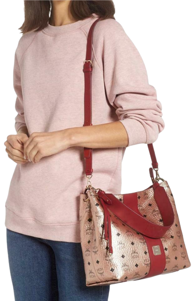 Mcm Klara Champagne Gold Visetos Medium Hobo Crossbody Bag In Gold